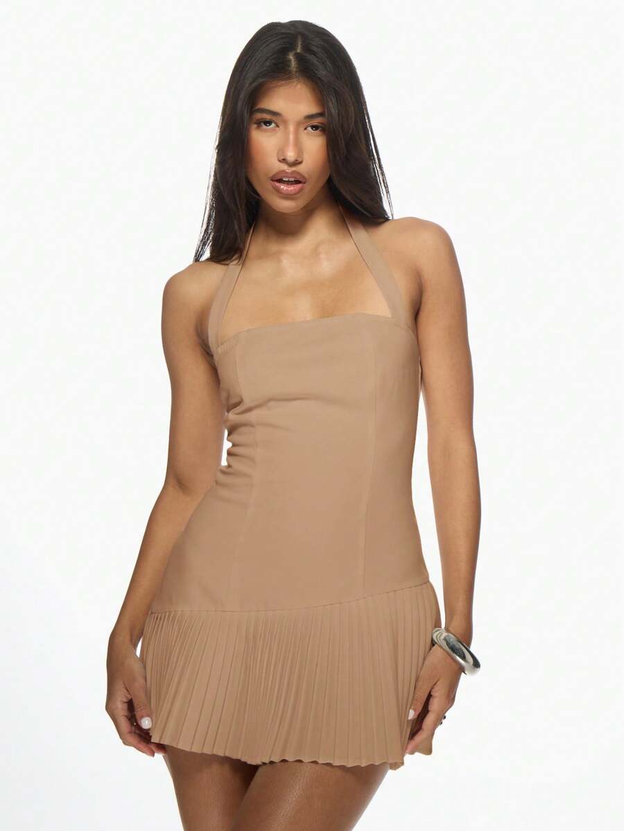 MISSGUIDED 夏季吊带迷你连衣裙百褶裙晚宴派对修身时尚设计师女装 - 駝色 - 查看 1