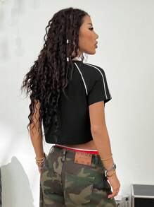 Coolane Damen Sommer Ausgehoutfit Partnerlook Grafiken Paspelierung Kurz Anliegendes Top - Schwarz - Übersicht 2