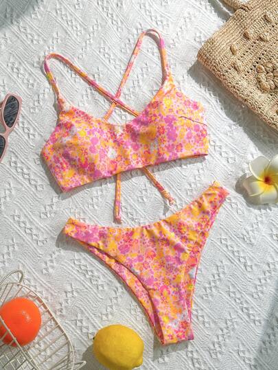 Swim Mod 2pcs/Set Women Summer Random Floral Print Spaghetti Strap Backless Crop Top And High Cut Beach Bikini Set