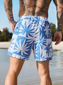 Surfspeed Men's Palm Tree Print Drawstring Waist Beach Shorts,Hawaiian - Blue and White - View 2
