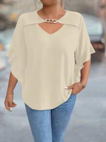 SHEIN Clasi Blusa de talla grande con cuello hueco, mangas con volantes y unicolor - Albaricoque - Ver 1