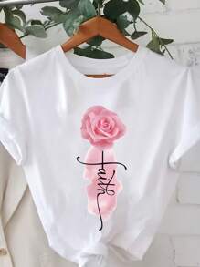 Calvaya Camiseta elegante de talla grande, camiseta de manga corta y cuello redondo con elástico para mujeres con estampado de rosas y lemas, blusas gráficas para mujeres