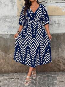 EMERY ROSE Elegant Printed Short Sleeve Dress, Summer - Navy Blue - View 4