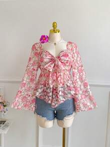 SHEIN CURVE+ 加大码女式碎花方领扭结灯笼袖衬衫，度假风，春夏情人节款 - 彩色 - 查看 7