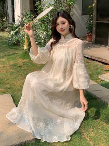 DAZY 女士休闲优雅中长款夏季度假连衣裙，荷叶边 - 白色 - 查看 6
