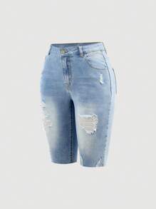 SHEIN Girlism Teen Girls Light Wash Ripped Denim Shorts: And Stylish Distressed Jean Shorts With Zipper Detail For Summer - Light Wash - View 2