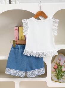 1 Set Baby Girls Cute Casual Style White Vest Top With Bowknot Decor, Patchwork Denim Shorts With Lace Trim, Fashionable For Spring, Summer, Autumn - White - View 2
