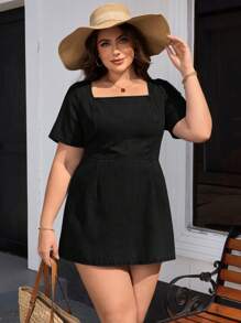 SHEIN Essnce Plus Size Women Denim Dress, Solid Color Short Sleeve Square Collar, Fashionable For Summer - Black - View 4