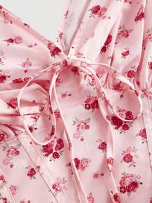 SHEIN MOD Plus Size Summer Elegant Pink Ditsy Floral Camisole Woman S Summer Tops,V-Neck, Gathered Cups, Strappy Details, Date Top - Pink - View 3