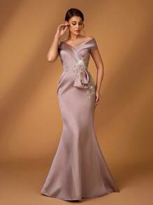 Serin Elegant Luxurious Pearl Diamond Embroidery Lace Applique Satin Off-Shoulder Fishtail Dress, Suitable For Weddings, Parties, Vacations, Balls, Mother Of The Bride Gown, Valentine's Day - Light Grey - View 7