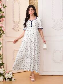 SHEIN Maternity Puff Sleeve Ditsy Floral Elegant Dress - White - View 2