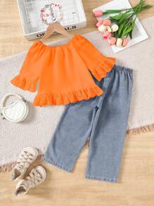 SHEIN 2 Pieces Set: Tween Girl Ruffled Off-Shoulder Blouse And Beaded Denim Pants, Sweet Style For Daily Wear In Summer - Orange - View 2