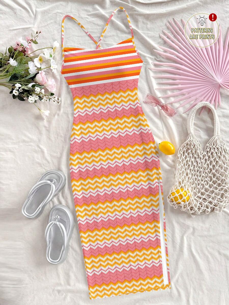 SHEIN WYWH Casual Holiday Style Orange Striped Printed Pattern Beach Dress, Suitable For Summer & Vacation Chic Dress - Multicolor - View 1