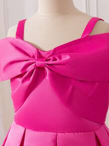 SHEIN Glamorique Kids 青少年女孩优雅纯色蝴蝶结装饰露肩连衣裙 - 玫紅色 - 查看 4