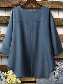 Plus Size Solid Color Long Sleeve Shirt, Fashionable For Summer - Blue - View 2