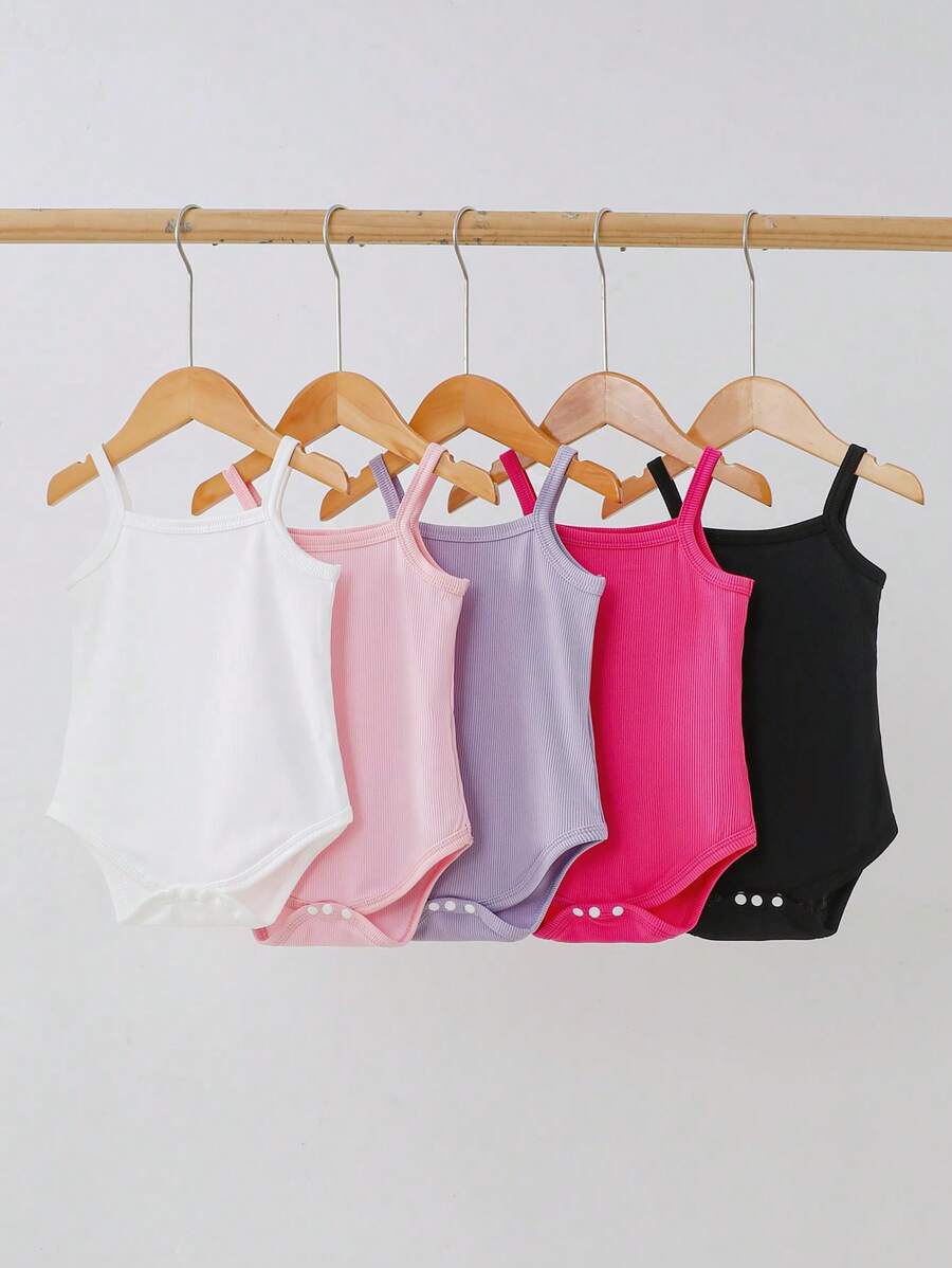 SHEIN Playful Pals 5件套女婴休闲百搭日常纯色罗纹针织连体衣套装,0-3岁 - 彩色 - 查看 1