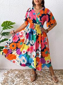 SHEIN Clasi Plus Size Women Summer V-Neck Floral Print Waisted Vacation Dress - Multicolor - View 5