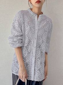 FRIFUL Blusa de mujer de tela transparente y floral de estilo casual y suelto para vacaciones, de manga larga. Ropa de mujer para otoño - Morado - Ver 4