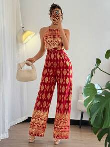 Gloray Fashionable Red Foil Print Halter Neck Jumpsuit - Red - View 7