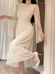 Vestido midi de mujer para fiestas de primavera/verano, vestido elegante de graduación para el Día de San Valentín - Beis - Ver 4