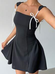 Aloruh Vestido mini con contraste de blanco y negro con lazo - Blanco y Negro - Ver 3