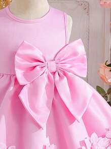 Baby Girls' Elegant High-Low Dress With Exquisite Bow & Floral 3D Decorations, Creating A Luxurious Visual Effect Suitable For Multiple Occasions - Coral Pink - View 5
