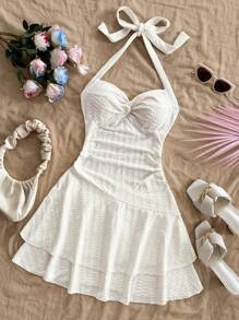 Soleia Vestido mini de doble capa con cuello de corbata, cintura retorcida y dobladillo, color rojo y blanco, adecuado para vacaciones, citas, té de la tarde, festivales de música, estilo bohemio, primavera/verano