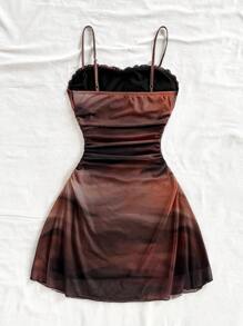 Soleia 女式扎染渐变网眼吊带裙，收腰设计，迷你长度，适合节日、约会、下午茶、度假、音乐节、波西米亚风格 - 彩色 - 查看 2