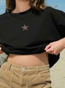 Dazy Plus Star & Leopard Print Pattern Loose Fit Crew Neck Short Sleeve Basic T-Shirt - Black - View 3