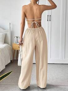 SHEIN EZwear Jumpsuit Model Tanpa Lengan dengan Potongan Lebar dan Punggung, Warna Polos Seksi untuk Musim Panas, Pengantin Wanita - Aprikot - View 2