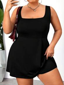 SHEIN CURVE+ 大码女式纯色方领运动休闲夏季紧身连衣裙、短裙、健身短裤、骑行短裤、女式背带裤、加大码、波西米亚风度假海滩装/沙滩裙/海滩度假装/海滩必备品/毕业/茶会礼服 - 黑色 - 查看 7