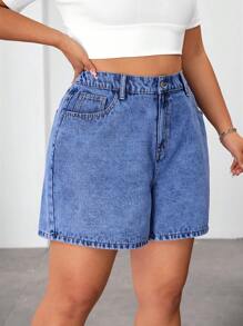 SHEIN EZwear 大码夏季休闲斜口袋宽松直筒牛仔短裤 - 藍色 - 查看 4