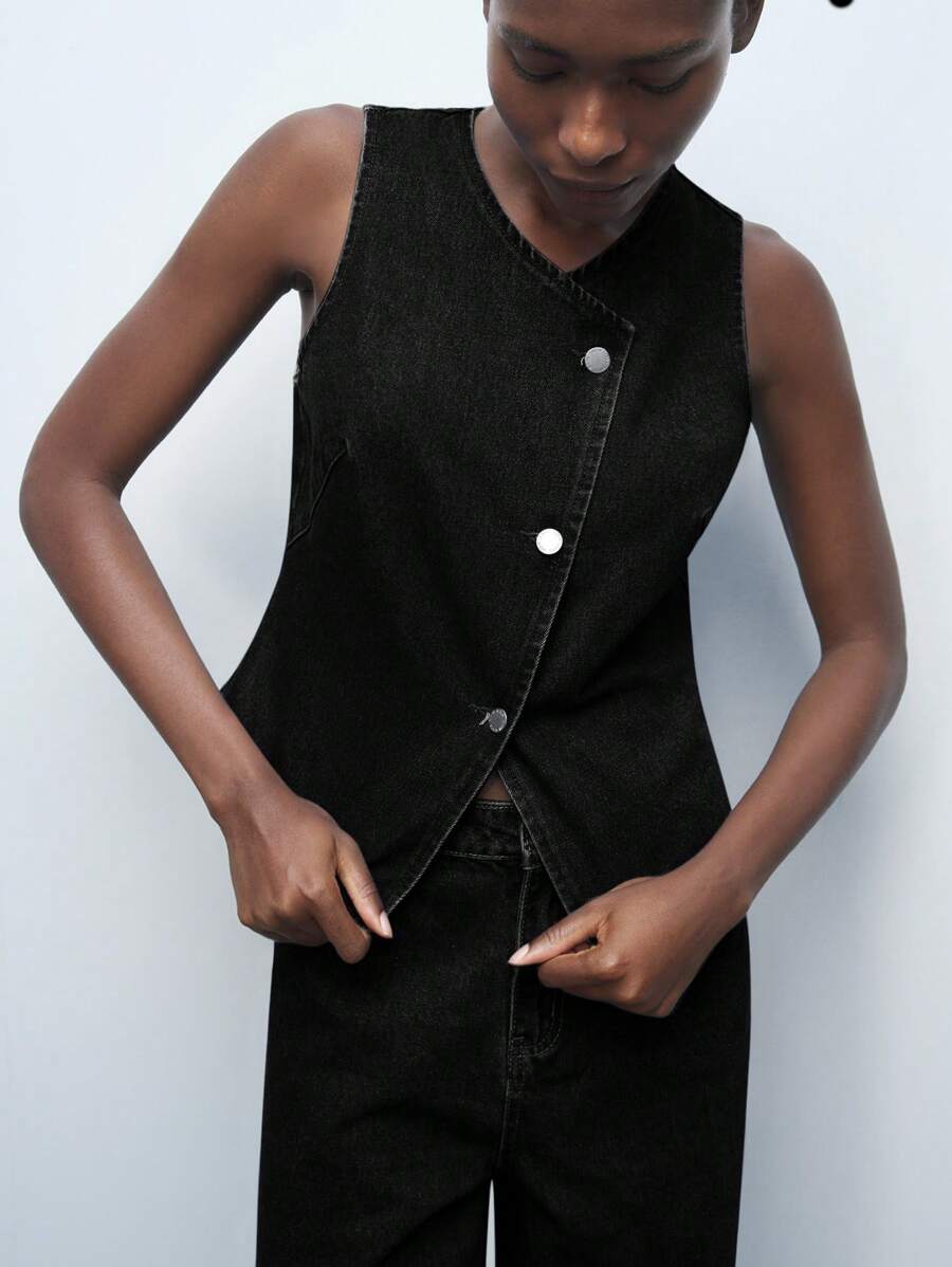 Maija 女士黑色V领单排扣宽松休闲牛仔背心，无袖，西式上衣，适合秋季商务休闲穿着 - 黑色 - 查看 1