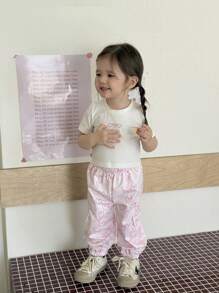 2 Stücke Set für Babys, Mädchen, süß, lässig, alltagstauglich, sportlich, mit Herzstickerei, kurzärmeliges T-Shirt, Oberteil und Cargohose, Frühling/Sommer, Babykleidung für Mädchen, Kleinkinder, Mädchen - Pink - Übersicht 1