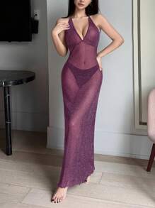 DAZY Sheer Silver Shiny Thread Mixed Mesh Deep V-Neck Backless Sexy Nightgown For Going Out - Red Violet - View 3