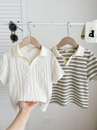 SHEIN 2pcs Young Boy Cute Casual Summer Versatile Striped Short Sleeve Polo Shirt, Suitable For Birthday Party, Ceremony, Wedding, Christening, School, Vacation