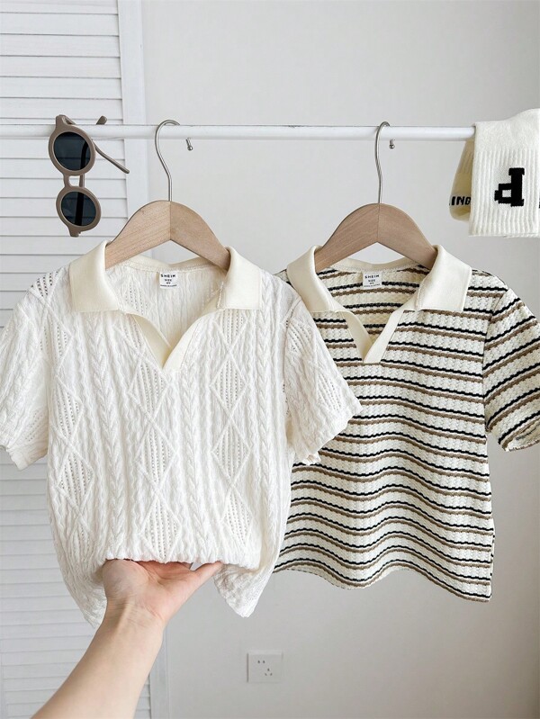SHEIN 2 piezas Camisa polo de manga corta a rayas casual y versátil para niño pequeño, adecuada para fiesta de cumpleaños, ceremonia, boda, bautizo, escuela, vacaciones