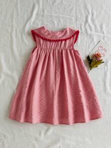 SHEIN Vintaside Kids Young Girl Floral Embroidery Peter Pan Collar Sleeveless Casual Dress Summer Holiday - Pink - View 2