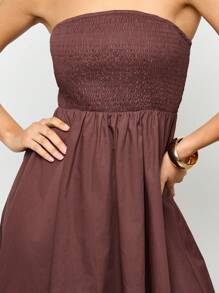 AiiRZ Midi Strapless Dress Smocked Bodice Summer Casual Tea Length A-Line High Waist Lightweight Sleeveless Sundress Wedding Guest Empire Waist Classic - Coffee - View 5