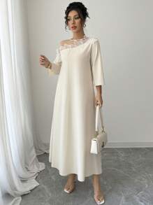 Rafferiza 女士 3D 花卉网眼中袖长裙 - 杏色 - 查看 4