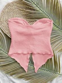 SHEIN 少女粉色扭纹前短款紧身胸衣吊带背心，胸部荷叶边，适合海滩度假和休闲装，春夏季