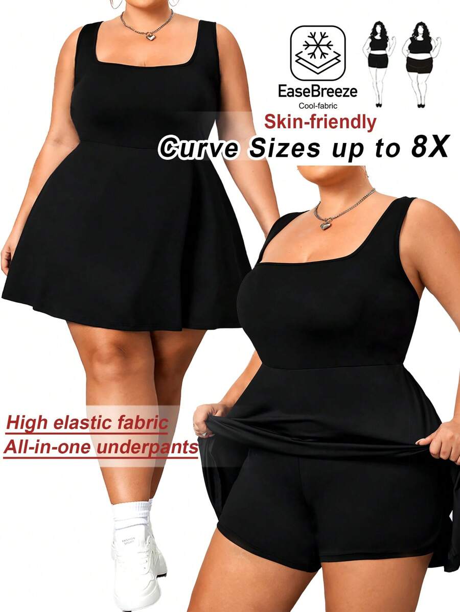 SHEIN CURVE+ 大码女式纯色方领运动休闲夏季紧身连衣裙、短裙、健身短裤、骑行短裤、女式背带裤、加大码、波西米亚风度假海滩装/沙滩裙/海滩度假装/海滩必备品/毕业/茶会礼服 - 黑色 - 查看 1