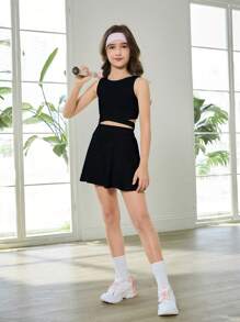 Conjunto de 2 piezas (chaleco deportivo y falda de tenis) para niñas preadolescentes, color negro sólido, minimalista y cómodo, versátil para primavera/verano, diseño deportivo con espalda de tirantes y falda de cintura alta con ajuste ceñido, tela elástica - Negro - Ver 4