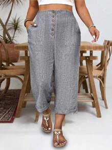 Linhara Plus Size Linen Texture Wood Button Decorated Side Pockets Casual Cropped Pants - Grey - View 5