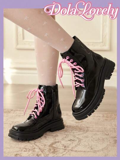 Dola Lovely Women's Fashion Versatile Contrast Color Lace-Up Short Boots For Christmas And New Year Holiday Vibe Fall And Winter Valentines