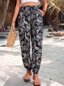 Breezaya Women's Tropical Plant Print Elastic Waist Pocket Ankle Length Pants, Spring/Summer Fall Cloth For Women - Black - View 5