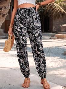 Breezaya Women's Tropical Plant Print Elastic Waist Pocket Ankle Length Pants, Spring/Summer Fall Cloth For Women - Black - View 6