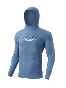 Manfinity Swimmode Men's Letter Print Long Sleeve Hooded Rash Guard, Swim Shirt For Sun Protection - Multicolor - View 1