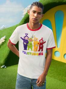 Teletubbies X SHEIN 男式撞色边饰卡通图案圆领短袖 T 恤，夏季 - 白色 - 查看 6