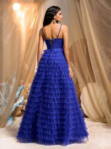 Glamrae Elegant And Gorgeous Blue Mesh Handmade Sequin Embroidery Sling Strapless Chest Sexy Slit Multi-Layered Cake Skirt Suitable For Dating Parties Formal Occasions Heavy-Duty Dinner Dress - Blue - View 3